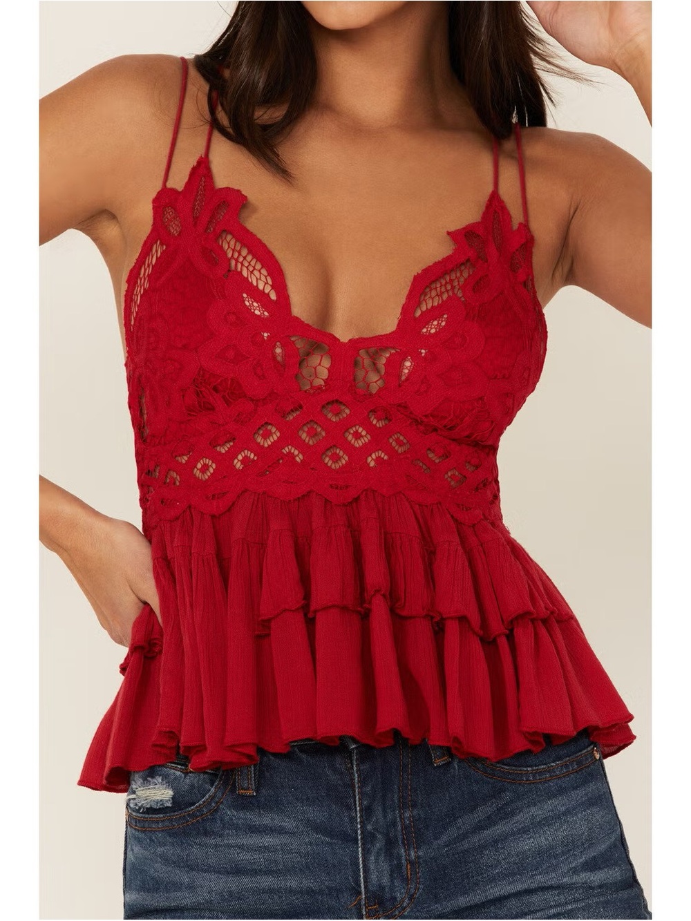 Red Lace Ruffled Peplum Cami Top - Women